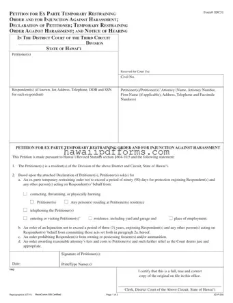 Fill Your Hawaii Restraining Order Template