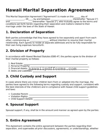 Legal  Marital Separation Agreement Template for Hawaii