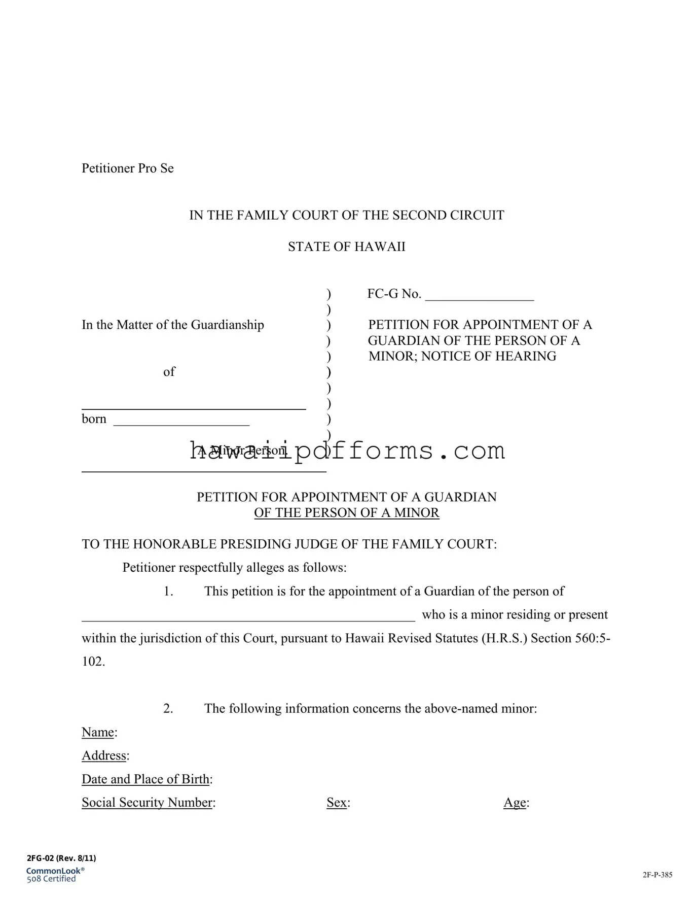 Fill Your State Hawaii Guardianship Template