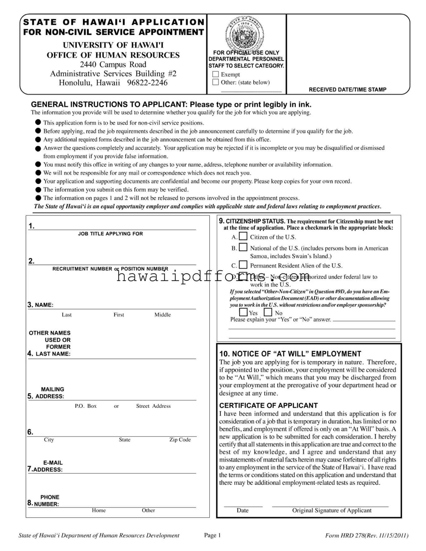 Fill Your State Of Hawaii Hrd 278 Template