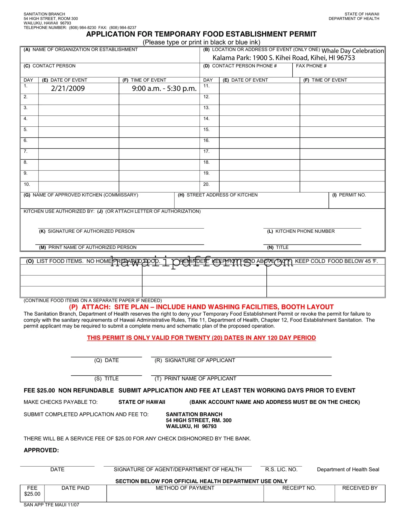 Fill Your Temporary Food Permit Hawaii Template